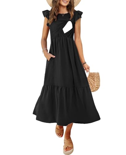 Image of CzzzyL Women's Nursing Dress Flutter Short Sleeve Crew Neck Smocked Elastic Waist Tiered Midi with Pockets