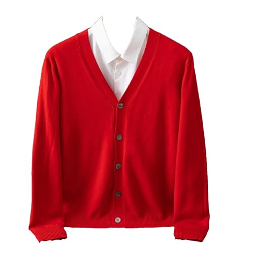Men's Merino Wool Sweater Loose V-Neck Knitted Cardigan Sweater Lightweight Casual Long Sleeve Cardigan Red