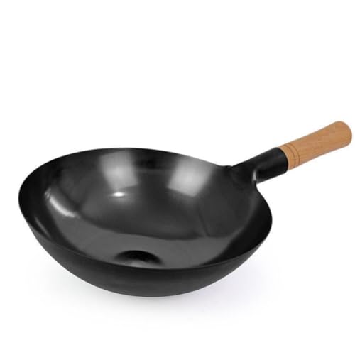中華鍋 鉄製炒め鍋 木柄付き 手作り鉄鍋 焦げ付きにくい 軽量 サビにくい 家庭用 業務用 ガス火専用 中華料理用フライパン (鍋のみ,32CM)