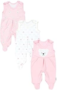 TupTam Baby Mädchen Strampler mit Fuß 3er Pack, Farbe: Bärchen Rosa Weiß Apricot, Größe: 50