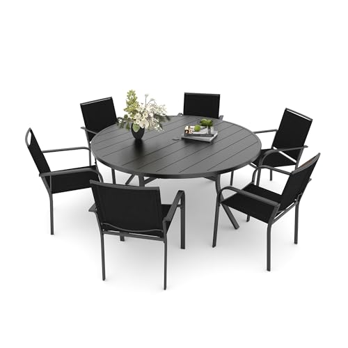 Image of Anmutig 7 Piece Patio Dining Set 54 Inch Round Table Stackable Chairs Black | Powder-Coated Steel Frame, Quick-Dry Textilene Mesh, Dual-Size Umbrella Hole, Weather Resistant, Patio, Garden, Backyard