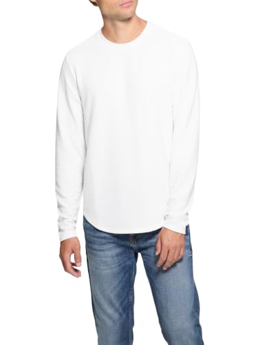 GUESS Mens Long Sleeve Linear Texture Jersey Crew, Pure White, Medium