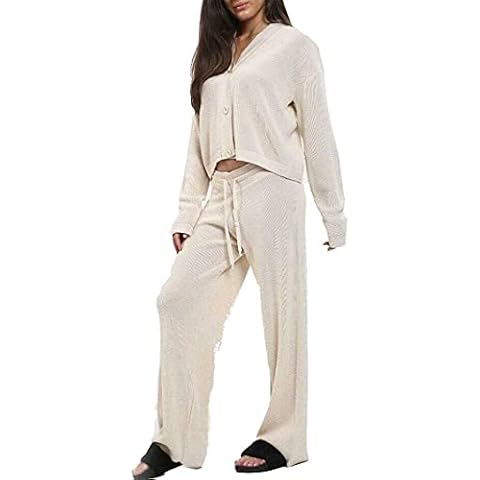 Womens Long Sleeve 3 Button Cardigan Tracksuit Ladies Knitted Flares Drawstring Bottoms 2 Piece Suit Cover