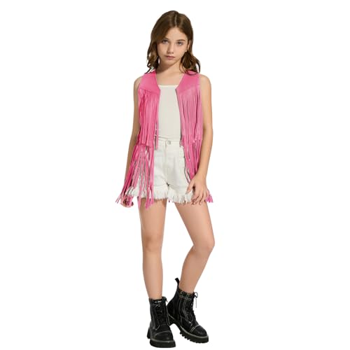 Image of Girls Kids Fringe Vest Sleeveless Western Cowgirl Vest 60s 70s Hippie Faux Suede Tassels Jacket for Halloween