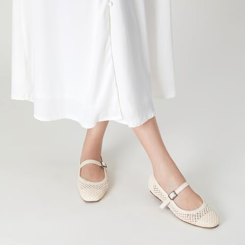 Image of Trary Mary Jane Shoes Women Woven Flats for Women Dressy Ballet Flats Squared Toe Mary Jane Flats Shoes