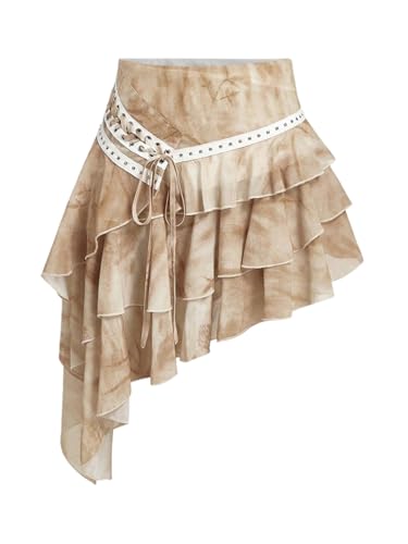 MakeMeChic Women's Layered Tiered Mini Skirt Lace Up Asymmetrical Studded Ruffle Hem Y2k Skirts