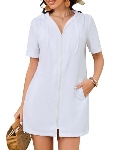 Bsubseach Terry Cloth Cover Up - Women 2025 Zipper Swimsuit Coverup Hooded Swim Robes Beach Coverups with Pockets White M