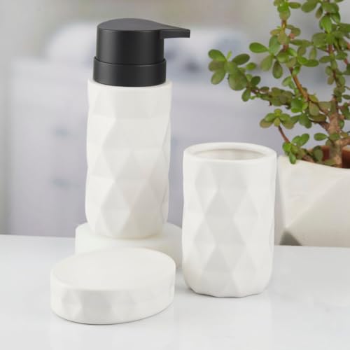 Image of SaSaSa Ceramic Bathroom Set of 3 Modern Bath Accessories Kit with Soap Dispenser, Toothbrush Holder & Dish - Stylish & Elegant Bathroom Decor, White (10725)