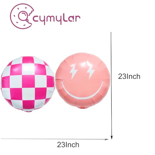 Image of Pink Lighting Smile Face Balloons /Pink Leopard Lighting Bolt,Checkered Balloons For Happy Dude Birthday /Preppy Y2K Party Decoration,Little Miss Threenager Girl Party,Bad Two The Bone Girl Decor