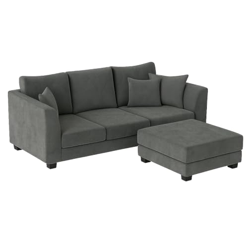 Image of FURNY Premium Ravona 4 Seater Convertible Fabric L Shape Sofa Set, 3 Seater Sofa with Ottoman (Dark Grey) Color with Velvet Fabric | Durable Comfort | Modern Design | Ideal for Living Room