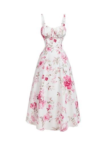 MOD Floral Print Pink Dress with Pleats at Bust, Adjustable Shoulder Straps, Cinched Waist and Flowy