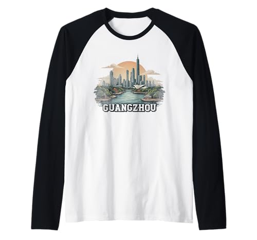 Retro Guangzhou Paisaje Vintage Souvenir Camiseta Manga Raglan
