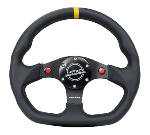 NRG Innovations NRG-RST-024D-MB-R-Y Reinforced Steering Wheel 320mm Sport Leather Dual Push Buttons Flat Bottom with Yellow Center Mark