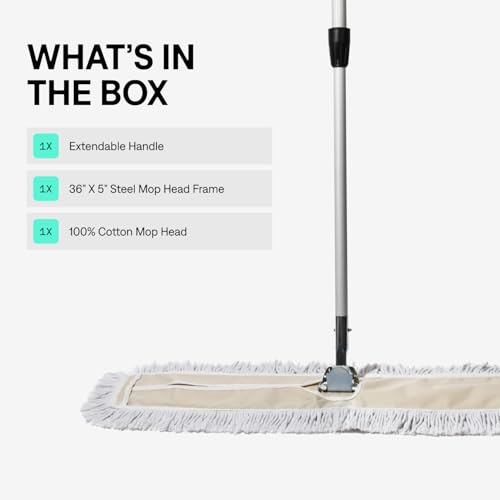 Image of 36 Inch Commercial Cotton Dust Mop & Floor Sweeper | Extendable Metal Handle For Hardwood, Tile, Vinyl & Concrete. Reusable Dry Mop. Durable Mop Heads.