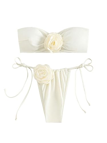 GORGLITTER Women's Strapless Floral Bikini Flower Bow Tie Side Bandeau Swimsuits High Cut Coquette Bathing Suit
