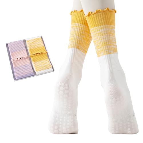 2/4 Pairs Pilates Socks with Grips for Women,Cute Grippy Yoga Non Slip Ruffle Sock for Ballet Barre Barefoot Hospital Workout2