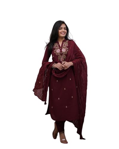 Image of Women's Cotton Embroidery work Straight kurti with Pant & mulmul dupatta set