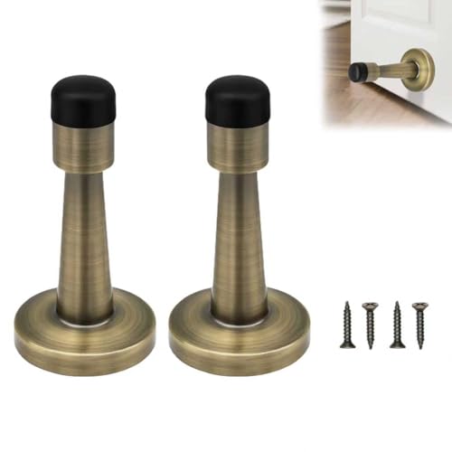 2 Pcs Door Stopper Brass Door Stoppers Wall Mounted Heavy Duty Door Stops with Rubber Tip Wall Protector Doorstop for Skirting Board Bedroom Bathroom Office Hotel Indoor Use Noise Reduction