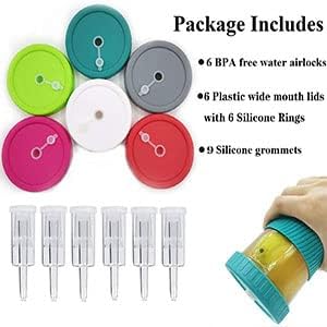 Fermentation Lids, Fermentation Kit for Wide Mouth Jars, 6 Set Plastic Fermenting Lids with 6 Airlocks, 6 Silicone Grommets, 6 Silicone Rings(Jars Not Included) - Image 2