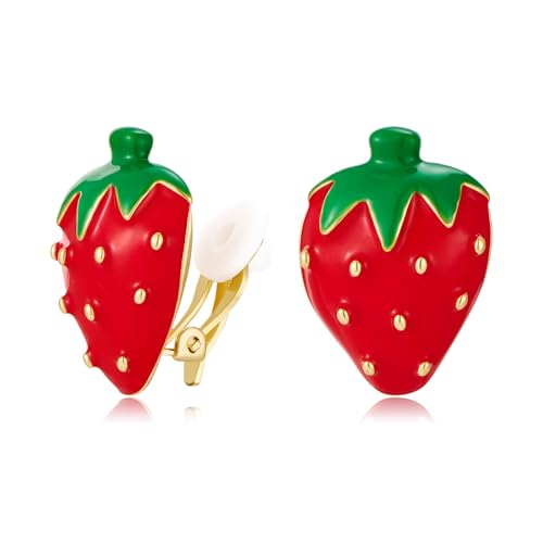 Aretes Clip On de Fresa para Mujer Rojo