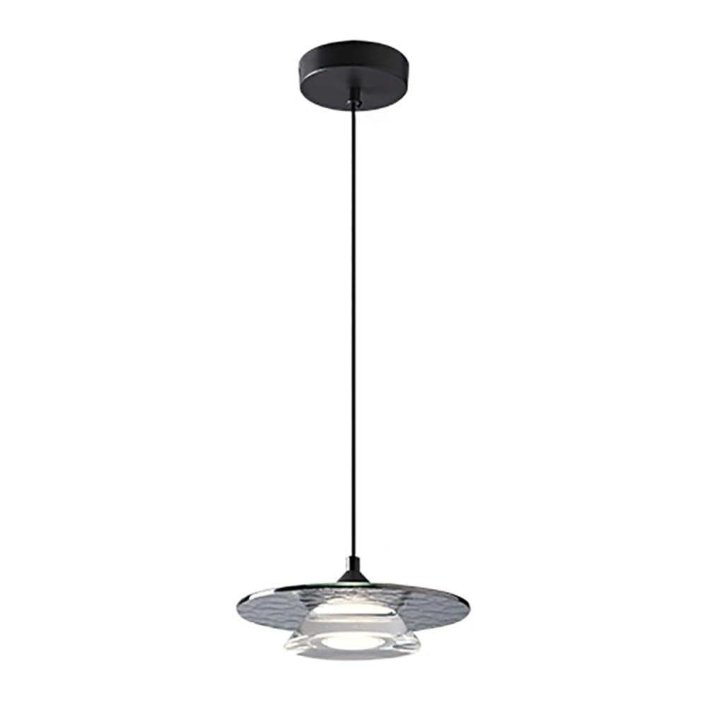 Lampada a Sospensia Forma Di Frisbee Nero, Lampada a Sospensiin Metmartellato con Paralume in Vetro, Lampadario Moderno a Led - 3 W - 3 Modalità Colore, Lampade a Sospensida Comodino, Luci a