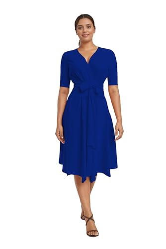 Image of Comfortable Dresses for Women Stretchy Flattering Fit Wrap Dress V Neck Short Sleeve Tie Waist Daily Wear Work Vacation