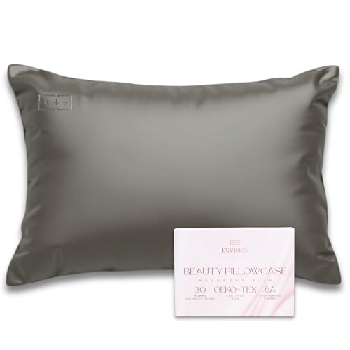 Image of 100% Mulberry Silk Pillowcase Infused with Silver Ions - Pure 30 Momme Grade 6A Fibers for Beautiful Skin and Hair - Cooling Pillow Case Protector with Zipper (Standard) Charcoal Color