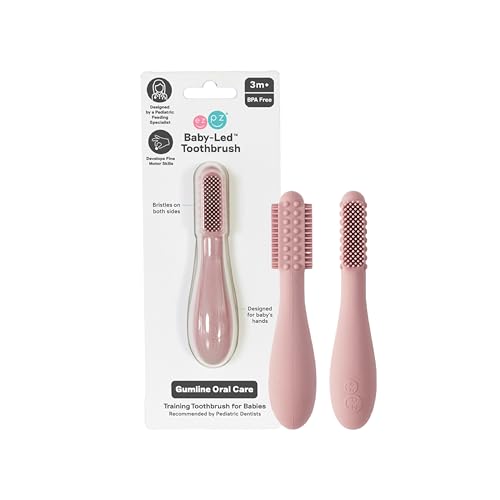 Image of ezpz Baby-Led Toothbrush (Blush) - 3 Months + - 100% Silicone Infant Toothbrush with Sensory Bumps - Cleans Gums + New Teeth - Improves Hand-to-Mouth Coordination, Self-Feeding Skills
