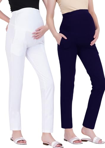 Image of Women's Maternity Leggings with Pockets - Comfortable, High Waist Support and Stretchable Pants for Pregnancy - Pack of 2