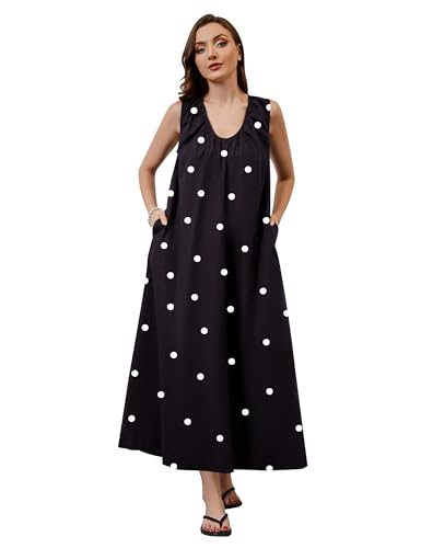 Image of Women Sleeveless Ruched Maxi Dress Scoop Neck Long Elegant Dresses Wide Shoulder Strap Blouse Dress with Side Pockets