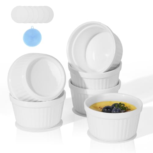 Highkit Ramequin Creme Brulee Lot de 6, 200 ml Moules à Soufflé en Porcelaine, Ramequins Individuels pour Pudding, Crème Glacée, Sauce, Ramequin Dessert pour Four et Micro-ondes,9×5.3cm, Blanc