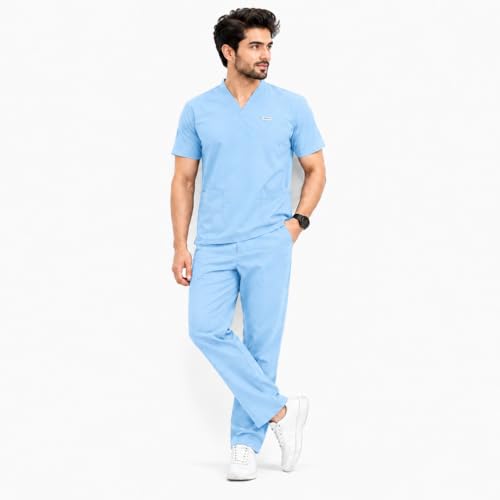 Image of Unisex Medical Scrub Suit Set, V-Neck Top with Pants, Short Sleeve, Polyester Cotton Blend, 7 Pockets, Regular Fit, Hospital Doctor Nurse Uniform