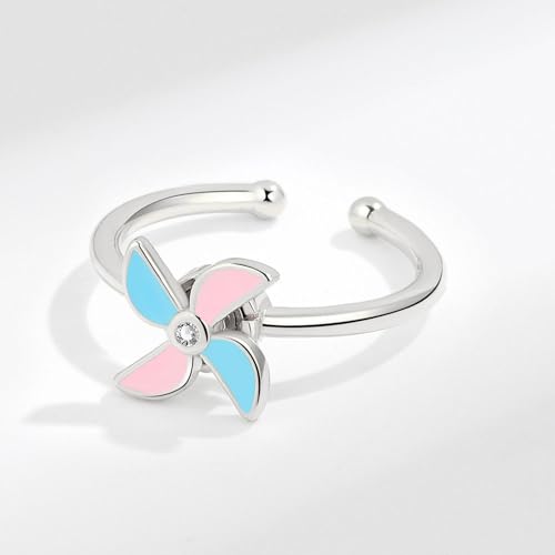Cute Windmill Rotating Open Rings sterling Silver Plated Spinner Lovely Blue Pink Adjustable Fidget Ring Delicate Stacking Wedding Band Crystal Finger Birthday Jewelry Gifts for Women Niece Daughter3