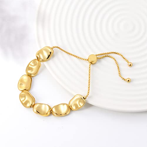 Gold Hammered Oval Beads Bracelet For Women Girls, Fashion Sliding Adjustable Bracelet Dainty Beaded Strand Bracelets Jewelry Gifts #TOP4