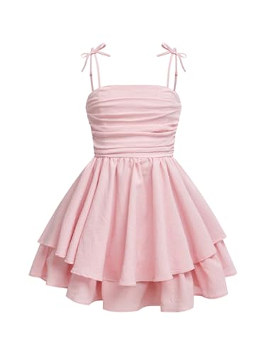 WDIRARA Toddler Girl's Bow Tie Shoulder Layered Ruffle Cami Dress Ruched Swing Short Dresses