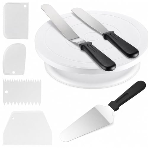 8 Pcs Cake Decorating Kit with 1 Rotating Cake Stand 3 Palette Knives & 4 Icing Smoothers Professional White Baking Turntable Set for Beginners & Pros