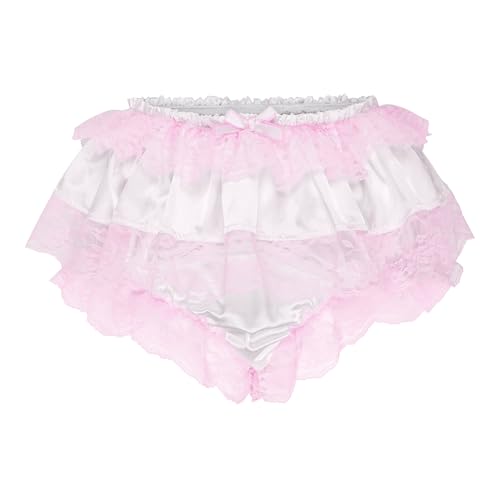 Satini Froufrou Dentelle efféminé A Volants Shorty Slips Lingerie Soyeuse Satin sous-vêtements Culottes (Blanc, XXL)