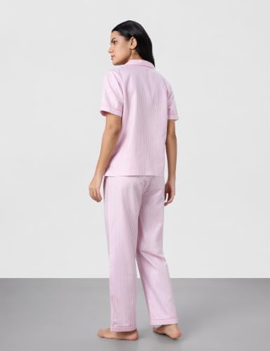 Image of Symbol Premium Women's Cotton Night Suit Set | Short Sleeve Shirt & Pajama Set | Stripes with Contrast Piping | Regular Fit (Available in Plus Sizes)