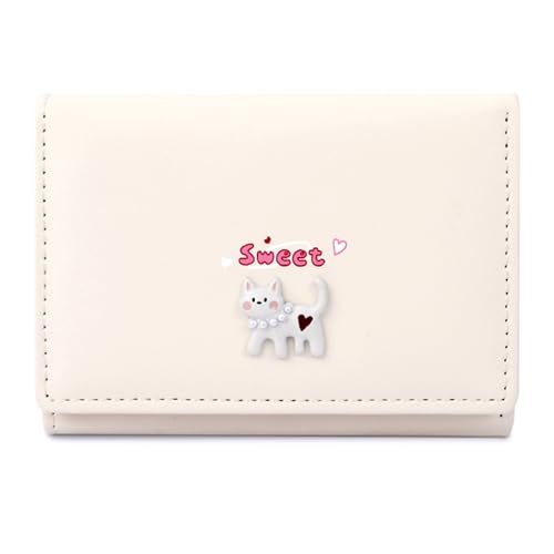 Cute Cat Tri-Folded Wallet Cute PU Leather Aesthetic Wallet Fashion Purse with Cash Pocket Card Slot Holder ID Window for Ladies and Women Beige