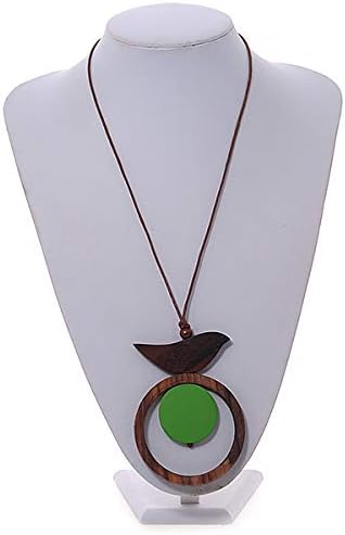 Avalaya Brown/Green Bird and Circle Wooden Pendant Cotton Cord Long Necklace - 84cm L/ 10cm Pendant, brown, green - Image 3