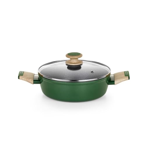 MONIX Amazonia | Cacerola baja 28 cm, aluminio forjado, antiadherente tricapa, sin PFOA, fondo full induction, asas baquelita y recubrimiento soft touch efecto madera