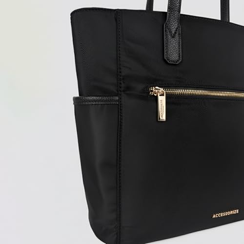 Image of Accessorize London Women's Black Kimberly Nylon Zippered Tote | water-resistant Shoulder Bag | Stylish Casual & Travel Handbag