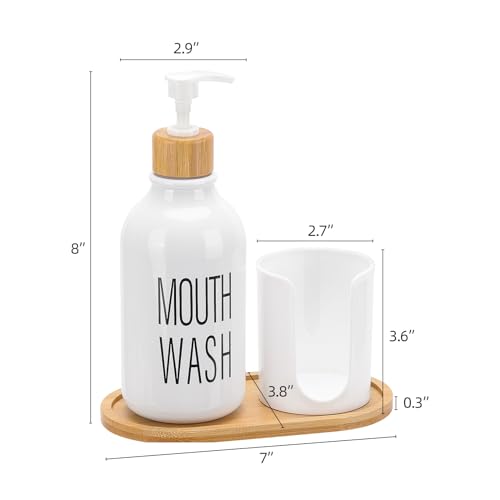 Image of Mouthwash Dispenser with Cup Holder, Plastic White Mouth Wash Pump Bottle with Tray for Bathroom Organizers, 17oz Refillable Clear Mouthwash Container
