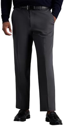 Haggar mens Premium No Iron Khaki Classic Fit Expandable Waist Flat Front Pant, Dark Grey, 36x32