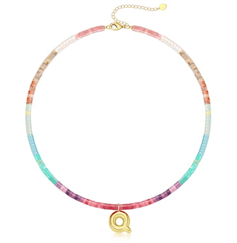Beaded Initial Necklaces for Women Teen Girl Gifts Trendy Stuff Colorful Gemstone Choker Necklace with Bubble A-Z Stocking Stuffers for Teens Christmas Gifts for Her Birthday Summer Beach Jewelry for Daughter Sister Friend