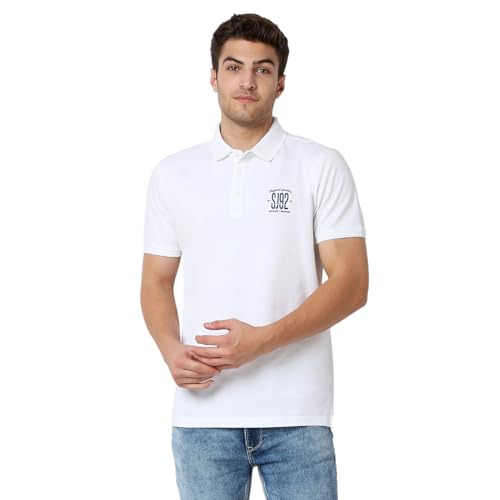 Image of Spykar Men's Slim Fit Polo Neck Half Sleeve Solid Casual T-Shirt