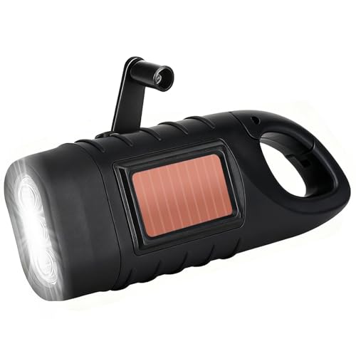 LAIVIYA Taschenlampe Kurbel Solar Dynamo Taschenlampe Handkurbel Wiederaufladbare LED Dynamo Notlicht mit Karabiner Mini Kurbeltaschenlampe mit kurbel und Solarpanel für Freien Camping (Schwarz)