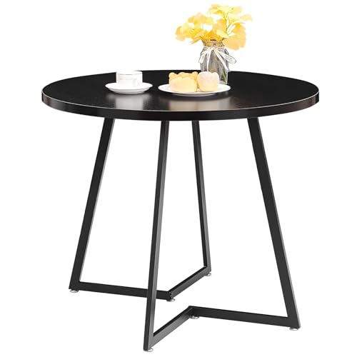 Image of VECELO Round Dining Room Table with Wood Grain Tabletop and Steel Frame, for Kitchen, Living Room, Office, Conference, 2 to 4 Person, Wood-Grain Black