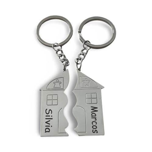 regalo grabado - Porta-chaves casa partida personalizado | 2 chaveiros | texto diferente em cada porta-chaves | porta-chaves casal, aniversário, compras de casa | Gravado em metal mate, Preto