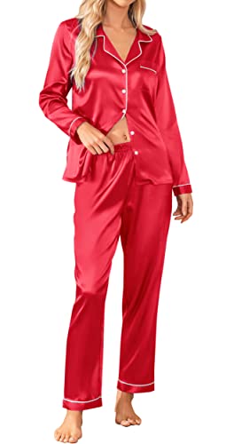 Senert Christmas Pajamas For Women Silk Satin Button Down Pjs Set Ladies Christmas Pjs Matching Sets Red,Xx-Large #TOP16